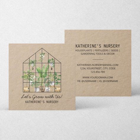 Watercolor House Plant Shop Nursery Square Business Card Plant Nursery Business, Gardening Business, Watercolor House, Plant Shop, Square Business Card, Plant Nursery, Nature Themed, Personal Business Cards, House Plant