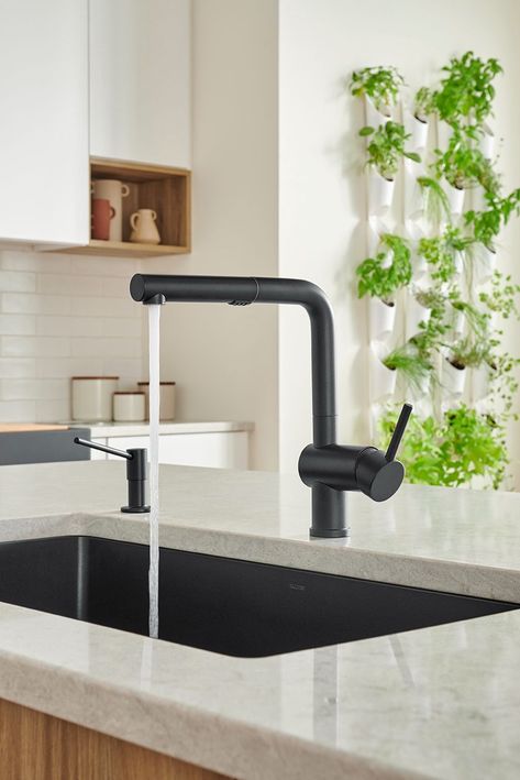 Modern Black Kitchen Faucet, Contemporary Kitchen Faucet, Black Kitchen Faucet Ideas, Kitchen Sink Black Faucet, Modern Faucets Kitchen, Modern Kitchen Sinks And Faucets, Kitchen Black Faucet, Black Faucet Kitchen, Black Sink Kitchen