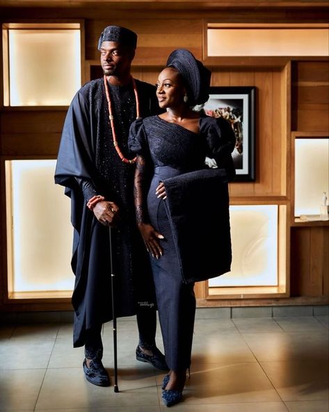 Nigerian couple elegantly styled in native blue Navy Blue Asoebi, Blue Asoebi, Nigerian Engagement, Agbada Outfit, Nigerian Traditional Dresses, Nigerian Wedding Dresses Traditional, Hausa Wedding, Dashiki Outfit, Couples African Outfits