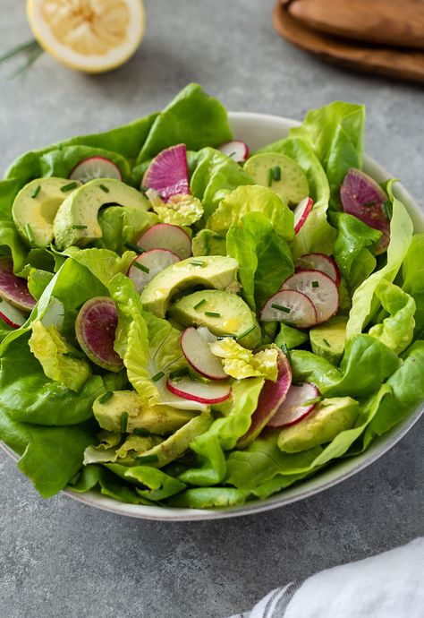 Butter Lettuce Salad is tender butter lettuce, creamy avocado and crisp radish tossed in a tangy lemon dijon dressing.  Top with chopped chives for an elegant, simple salad! #salad #saladrecipes #vegan #whole30 Strawberry Cucumber Salad, Butter Lettuce Salad, Mexican Chicken Salad, Light Salad Dressing, Apple Cranberry Salad, Healthy Quinoa Salad, Salad Apple, Strawberry Cucumber, Best Salad Dressing