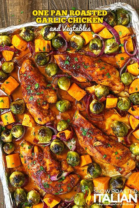 Honey Garlic Marinade, Sheet Pan Supper, Pan Chicken Breast, Chicken Brussel Sprouts, Sprouting Sweet Potatoes, Roasted Fall Vegetables, Garlic Marinade, Roasted Garlic Chicken, The Slow Roasted Italian