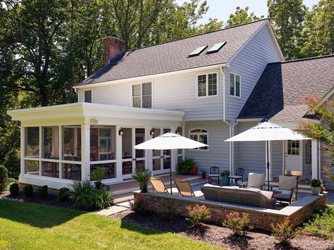 Fiery Screen Porch - Transitional - Porch - Baltimore - by place architecture:design | Houzz Porch Flat Roof, Patio Addition, Screened Porch Designs, Porch Remodel, Porch Addition, Outdoor Terrace, Sunroom Designs, Enclosed Patio, Deck Designs Backyard