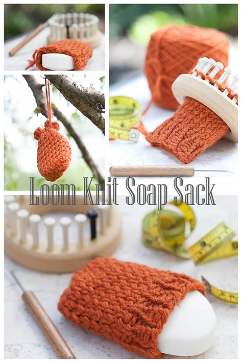 Wool soap sacks are an easy and useful loom knitting project!                   I have to admit, my husband makes a mess in the bathroo... Soap Sack, Sock Loom, Round Loom Knitting, Loom Knitting Tutorial, Loom Knitting Stitches, Loom Crochet, Round Loom, Spool Knitting, Knifty Knitter