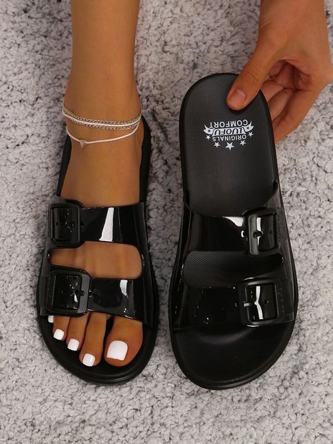 Double Buckle Strap Slide Sandals | SHEIN USA Cute Slides, Women Slides, Embroidered Shoes, Footbed Sandals, Jelly Sandals, Womens Sandals Flat, Shoe Obsession, Trendy Shoes, Womens Slippers