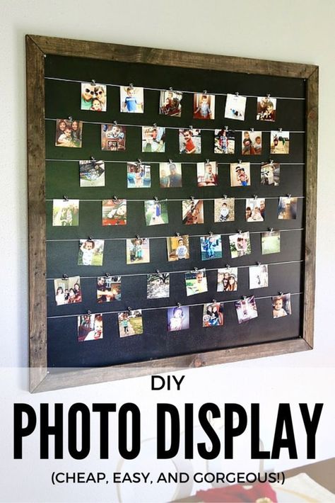 Gorgeous, simple, and easy DIY photo display for Instagram and family photos. Photos are clipped on so it's easy to change them anytime you want! // Love & Renovations 4x6 Photo Display, Diy Photo Displays, Displaying Family Pictures, Photo Collage Diy, Diy Photo Display, Make A Photo Collage, Photo Wall Display, Diy Instagram, Family Photo Wall