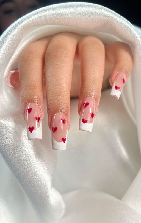 Love Themed Nails, Valentines Day Nails Cupid, Red Nails With Hearts Valentines, Valentines Themed Nails, Cupid Nails Designs, Red And Pink Nails Valentines Day, Valentine’s Day Nails Red, Red Valentine’s Day Nails, Couples Manicure