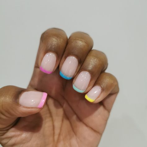 Rainbow French Tips, Rainbow French Tip Nails, Coloured French Manicure, Color French Manicure, Rainbow French, Colored Nail Tips, Glitter French Tips, French Manicures, French Polish