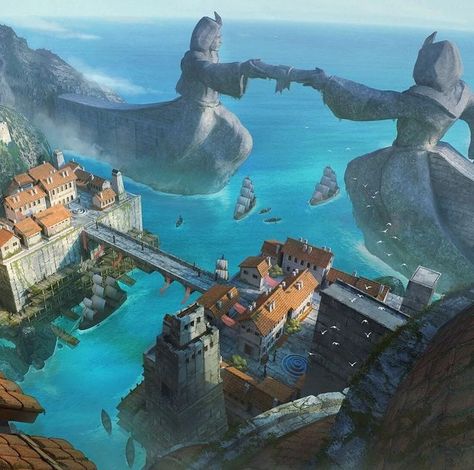 Medieval Fantasy City Art, Location Inspiration, Port City, Fantasy City, Fantasy Castle, Fantasy Setting, Fantasy Places, Fantasy Map, Fantasy Art Landscapes