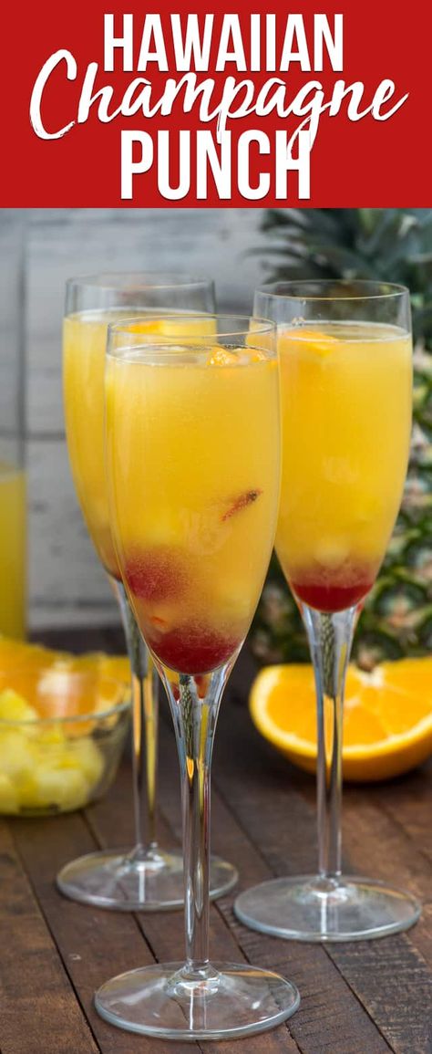 Hawaiian Champagne Punch is an easy mimosa recipe full of pineapple and orange juice and rum! It's the perfect party punch recipe! via @crazyforcrust Easy Mimosa Recipe, Easy Mimosa, Best Mimosa Recipe, Champagne Punch Recipes, Party Punch Recipe, Malibu Drinks, Champagne Punch, Party Punch Recipes, Mimosa Recipe