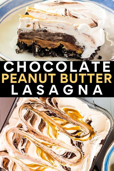 This easy no bake peanut butter chocolate lasagna is delicious! Layers of Oreo cookies, peanut butter cheesecake, chocolate pudding and whipped topping make a decadent 4 layer dessert that the entire family will enjoy! Peanut Butter Chocolate Lasagna, 4 Layer Dessert, Chocolate Peanut Butter Lasagna, Peanut Butter Lasagna, Layer Dessert, Cookies Peanut Butter, Chocolate Lasagna, Homemade Snickers, Cheesecake Chocolate