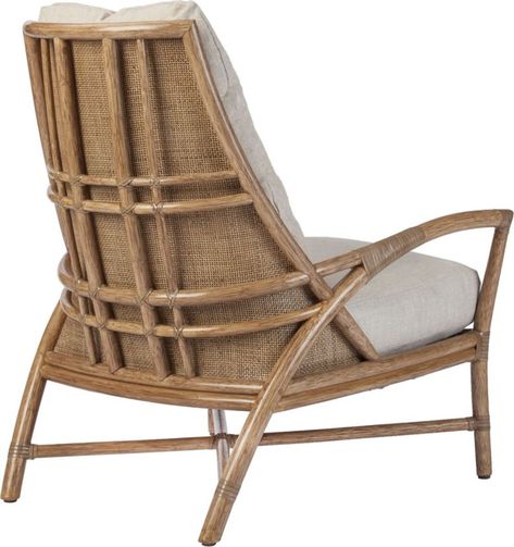 Blooming with thoughtful details: The Petal Lounge Chair pushes rattan design to its limits. From its petal-like shape with the dramatic sweep of the arm, high back and comfortable pitch to the intricate plaid design on the back, the Petal Lounge Chair is a model of handcrafted details. Rawhide bindings and 6 over 6 caning finish the details of the chair. Comes standard in Dark Tobacco, Slate, or Pecan and Lenno Ecru linen fabric for a quick ship option. Mcguire Furniture, Traditional Armchairs, Wicker Armchair, Rattan Design, Bamboo Furniture, Round Chair, Lounge Chair Design, Baker Furniture, Rattan Chair