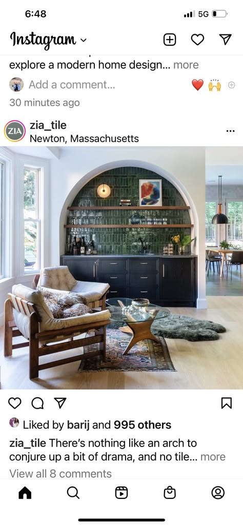 Arched Home Bar, Bar Nook Wallpaper, Dining Room With Dry Bar, Formal Living Room Bar Ideas, Arched Bar Nook, Arched Dry Bar, Arched Bar Area, Arched Built In Bar, Bar In Sunroom