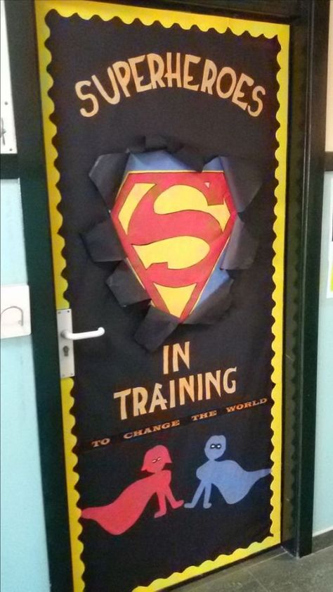 91 Welcoming Classroom Door Decorations for Back to School Superhero Classroom Door, Superhero Door, School Bulletin Board Ideas, Classroom Door Decorating, Creative Bulletin Boards, Halloween Classroom Door, Superhero Classroom Theme, Halloween Bulletin Boards, Classroom Welcome