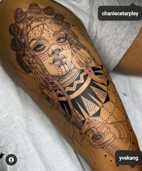 Queen Tattoo Ideas, African Goddesses, Egyptian Queen Tattoos, African Queen Tattoo, African Warrior Tattoos, Afro Tattoo, Thigh Tattoos For Women, Queen Tattoo Designs, First Tattoo Ideas