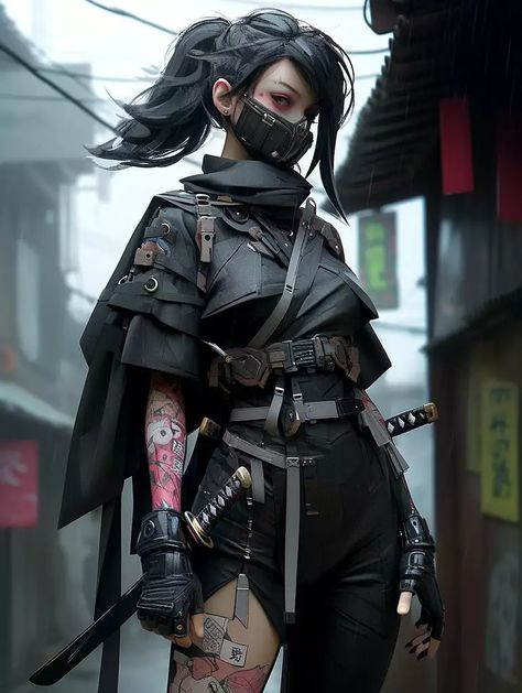 Cybernetic ninja Street Samurai Cyberpunk Female, Female Ninja Art, Ninja Attire, Ninja Female, Dystopian Character, Street Ninja, Ninja Women, Cyberpunk Ninja, Female Warrior Outfit