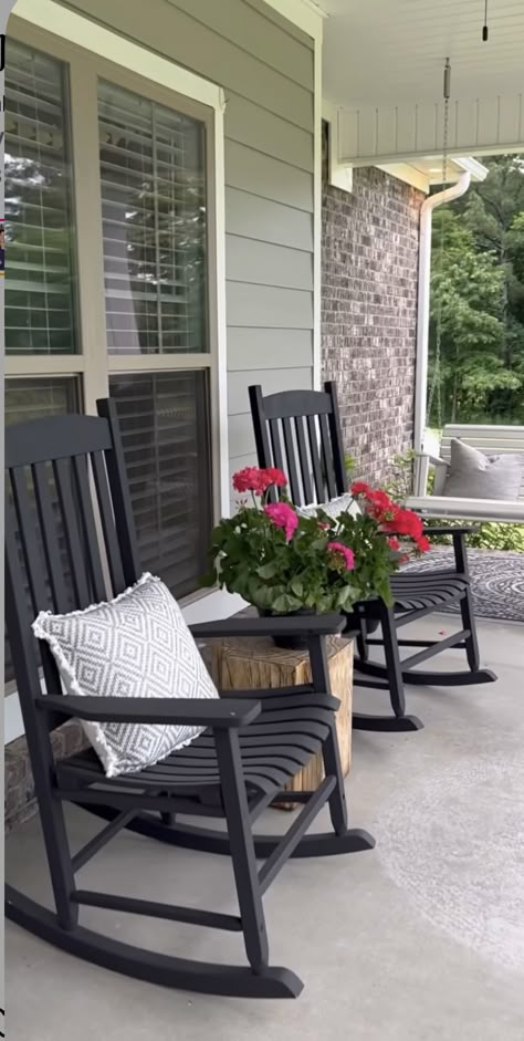 Sitting Front Porch Ideas, Small Front Porch Chair And Table, Smaller Front Porch Ideas, Colonial Front Porch Decor, Black Rocking Chairs Front Porch, Front Porch Ideas Rocking Chairs, Small Front Porch With Rocking Chair, Front Porch Rocking Chair Ideas, Porch Rocking Chair Decor