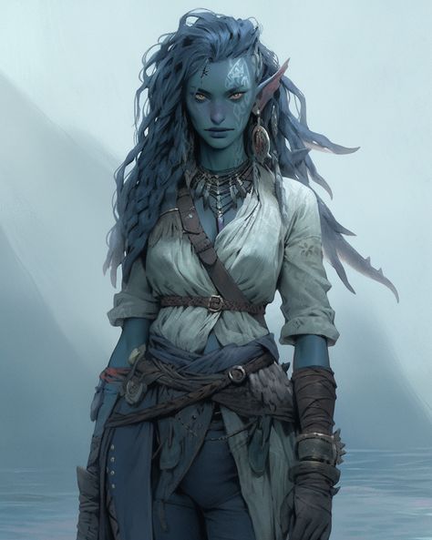 Water Genasi Female Pirate, Water Elemental Character Design, Storm Sorcerer Dnd, Water Genasi Pirate, Water Nymph Character Design, Dnd Water Genasi Female, Water Genasi Dnd, Triton Character Design, Sea Druid