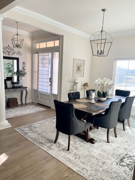 Neutral Rustic Mordern Dining Room And Foyer Decor Ideas. Wood Table @overstock Rugs @homedepot Two Toned Entry Console @HobbyLobby Gold Console @wayfair Dinning Room In Entry Way, Entryway Dining Room Front Entry, Dining Room Front Of House Entryway, Front Entry Dining Room, Entry Dining Room Combo, Dining Room Entryway Combo, Foyer Decor Ideas, Rustic Modern Decor, Overstock Rugs