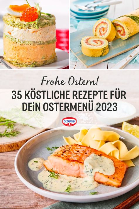 Die Osterfeiertage sind ein willkommener Anlass, endlich einmal all die leckeren Rezepte auszuprobieren, für die im Alltag kaum Zeit bleibt. Die perfekten Ostergerichte sorgen optisch und geschmacklich für Begeisterung und sind schnell und einfach zubereitet. Mit feinen Vorspeisen, raffinierten Hauptgerichten und süßen Desserts gelingt das köstliche Ostermenü garantiert. Dr. Oetker Rezepte, Ostermenü Rezepte, Ostermenü kochen, Osterbrunch, Ostertorte, Osterkuchen, Ostermenü Easter Menu, Dinner Table, Happy Easter, Snack Recipes, Food And Drink, Oven, Easter, Dessert, Snacks