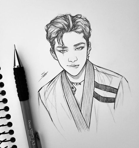 Bangchan Sketch, Bangchan Drawing, Shooky Dough, Bangchan Fanart, Sketch Kpop, Paz Hippie, Bangchan Straykids, Cute Sketches, Art Drawings Sketches Pencil