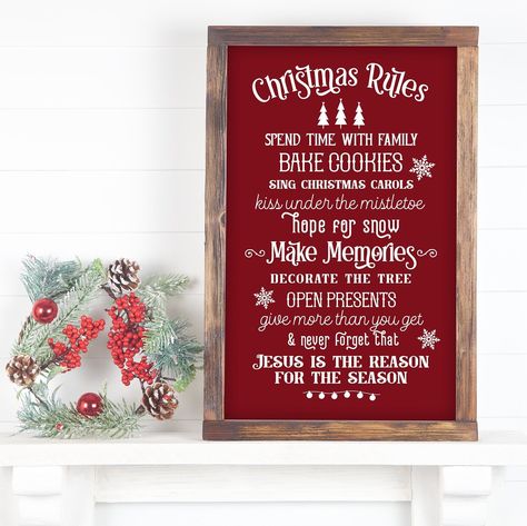 Our wood signs are a perfect addition to any farmhouse/rustic home decor. The Christmas Rules Sign looks great for hanging or shelf-sitting. It is made of wood with vinyl writing text. The frame is stained in Roanoke color. Measurements: W 20" x H 33" At our workshop, we specialize in crafting unique, made-to-order signs. Please note that each sign is one-of-a-kind and may feature knots, blemishes, or grain patterns unique to that particular piece of wood. Additionally, the colors of the sign ma Christmas Rules, Christmas Wood Signs, Writing Text, New Grandparent Gifts, Christmas Wooden Signs, Sign Wall Decor, Christmas Signs Wood, Christmas Bedroom, Inspirational Signs