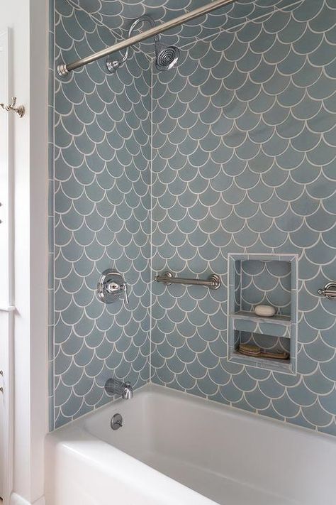 A drop-in bathtub is clad in blue fan tiles, Fireclay Ogee Drop Tiles, accented with a blue tiled shower niche is flanked by polished nickel towel holders. Ogee Drop Tile, Blue Marble Bathroom, Slate Bathroom Tile, Modern Shower Tile, Bathroom Niche, Ogee Drop, Modern Bathroom Design Ideas, Grey Bathroom Tiles, Modern Bathroom Tile