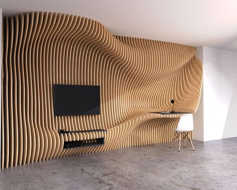 Parametric interior wood wall waves desk and TV set, workstation design at tanko designs rendered in 3D keyshot made in Rhino Grasshoper Parametric Interior Design, Parametric Wall Design, Parametric Interior, Workstation Design, Wavy Wall, Parametric Wall, Office Room Design, Workstations Design, Meeting Room Design