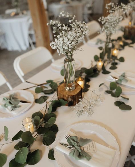 Weddings With Eucalyptus, Outdoor Wedding Ideas Sage Green, Eucalyptus Dinner Table Decor, Wedding Table Settings Disposable, Sage Color Centerpieces, Round Tables Backyard Wedding, Eucalyptus Wedding Table Decor Simple, Mason Jar Candle Centerpieces For Weddings, Small February Wedding Ideas