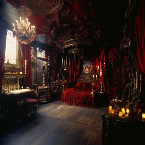 Hedon's quarters are a lavish paradox, a cell and a palace intertwined, resplendent with silken drapes, scent of exotic spices, and the pervasive, intoxicating essence of secret pleasures. Vampire Palace, Red Room Assassin Aesthetic, Vampire Bedroom Aesthetic Victorian, Red And Black Victorian Bedroom, Dark Red Victorian Bedroom, Vampire Bedroom, Vampire Room, Dark Academia Bedroom Ideas, Palace Bedroom Royal Dark