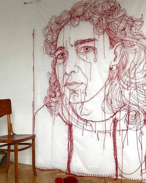 Ewa Cieniak: Artist and advocate in thread - TextileArtist.org Achill Ireland, Embroider Canvas, Stitched Portraits, Textiles Artists, Hsc Art, Embroidery On Canvas, Embroidered Faces, Embroidery Artists, Freehand Embroidery