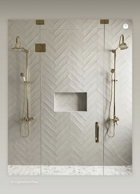 Pearlescent Shower Tile, European Chic Interior Design, Side By Side Double Shower Head Master Baths, Herringbone Shower Tile With Tub, Long Bathroom Ideas Decor, Walk In Shower Ideas Stone, Glam Bathroom Tile Ideas, Spa Bathroom Shower Ideas, Shower Behind Tub Wall