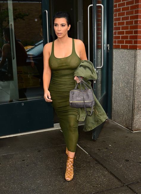 Kim Went See-Through in NYC Kim Kardashian Highlights, Kim Kardashian Dresses, Kim Kardashian Outfits, Military Inspired Jacket, Kardashian Outfit, Kim Kardashian And Kanye, Ribbed Tank Dress, Kim Kardashian Style, Bump Style