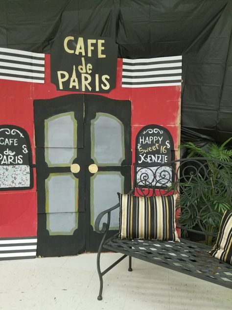 Paris Cafe photo backdrop Cafe Backdrop Ideas, Bulletboard Ideas, Paris Prom Theme, Happy Cafe, French Themed Parties, Theatre Backdrops, Paris Prom, Cafe Photo, French Party