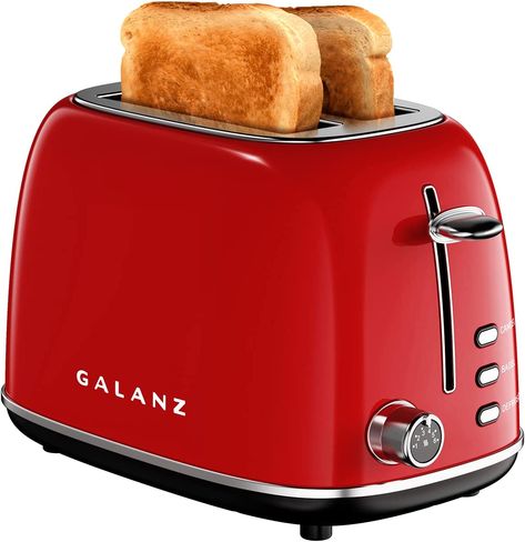 FUN RETRO DESIGN - Has the classic look and feel of the old days but with modern functionality! Mix and match with the other kitchen appliances in the Galanz Retro collection. PERFECTLY SIZED - Measures 11.81" D x 7" W x 7.5" H, perfectly sized for any kitchen! Includes Cancel, Bagel, and Defrost function for easy use Red Toaster, Smeg Toaster, Retro Toaster, Bread Toaster, Stainless Steel Toaster, Types Of Bread, Slice Of Bread, Bagels, Small Kitchen Appliances