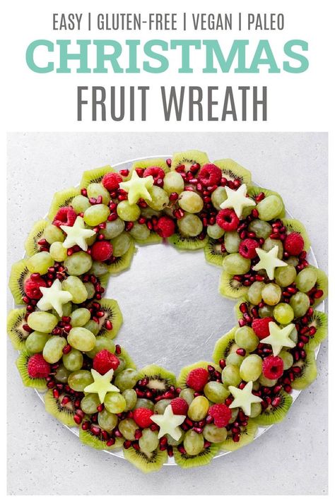 This Christmas fruit wreath is the perfect festive appetizer for your holiday party! With this holiday fruit tray, your guests will not only feel great about eating a healthy and delicious snack among all the other Christmas goodies, but will also be wowed by the beautiful presentation! {Gluten-free, vegan & paleo} Christmas Fruit Wreath, Christmas Fruit Tray Ideas, Holiday Fruit Tray, Santa Veggie Tray, Christmas Tree Veggie Tray, Christmas Charcuterie Board Ideas, Chacuterie Board, Easy Charcuterie, Easy Christmas Breakfast