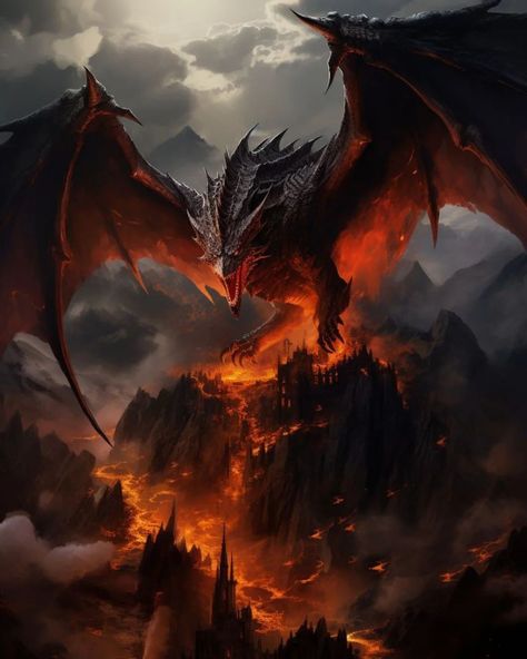 Fire Dragon Art Fantasy, Fire Dragon Aesthetic, Abyss Drawing, Castle On Fire, Fire Dragon Art, Lone Warrior, Fire Illustration, Mighty Dragon, Dragon Magic