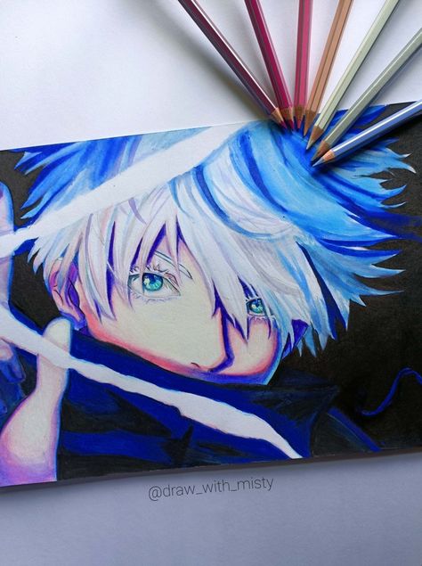 Anime Gojo Drawing, Drawing With Color Pencil, Gojo Colored, Colour Pencil Art, Gojo Drawing, Drawing With Color, Anime Gojo, Copic Marker Art, Colour Pencil