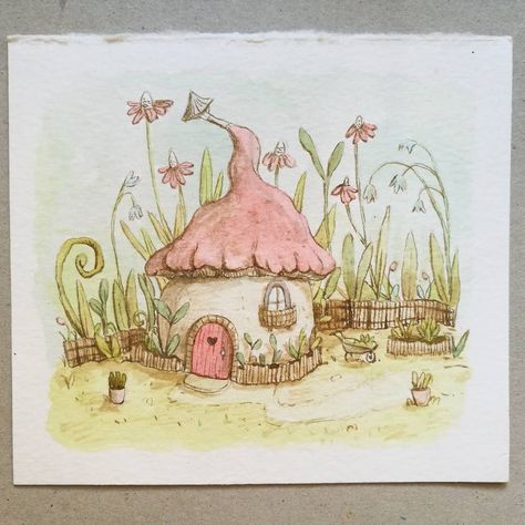 Charlotte Lyng on Instagram: “I wasn't feeling very well these days, so here is the inktober I started in day 3. I always draw mushroom houses when I'm lost 😛 : :…” Mushroom World Drawing, Mushroom House Doodle, Mushroom Home Drawing, Mushroom House Painting, Mushroom House Drawing, Fairy House Drawing, Fairytale Drawings, Watercolor Whimsy, Faerie House