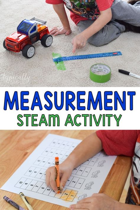 This fun STEAM activity is a great way to introduce measurement to younger kids. Use engineering skills to build a PowerClix®️️️ Racer and math skills to measure and graph the distance the car rolls across the floor. {AD} Math Steam Preschool, Math Stem Activities Kindergarten, Measurement Stem Activities, Steam Experiments, Math Stem Activities, Challenge Activities, Montessori Board, Science Area, Steam Lessons