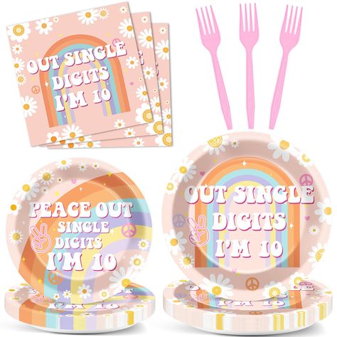 PRICES MAY VARY. Serve 24 guests: The peace out single digits i’m 10 birthday party dinnerware set includes 24pcs 9” dinner plates, 24pcs 7” dessert plates, 24pcs paper Napkins, and 24pcs light pink forks that can serve 24 guests, enough quantity to meet your party needs and daily replacements. High quality: Our Boho Hippie tableware plates are made of high quality thicker paper, heat-resistant, waterproof. The napkins are thick and durable. The patterns and colors are well printed and do not ea Peace Out Single Digits Party Favors, Peace Out Single Digits Party, Hippie Party Decorations, Peace Out Single Digits, 10th Birthday Party, 10 Birthday, Hippie Party, 10th Birthday Parties, Birthday Supplies