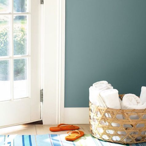 Benjamin Moore Aegean Teal 2021 Colour of the Year - Interiors By Color Benjamin Moore Aegean Teal, Contemporary Paint Colors, Teal Painted Furniture, Aegean Teal, Modern Farmhouse Paint Colors, Teal Paint Colors, Teal Interiors, Teal Bathroom, Feature Wall Bedroom