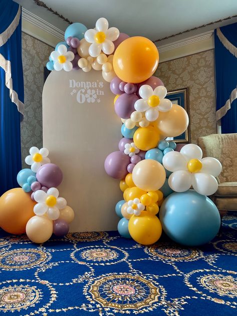 Retro themed, 60's birthday bash balloon garland. Qualatex and Tuftex: blush, golden rod, blossom, sea glass Balloon Bar, Birthday Background Design, There's No Tomorrow, No Tomorrow, Balloon Installation, Golden Rod, Retro Daisy, Custom Balloons, Balloon Design