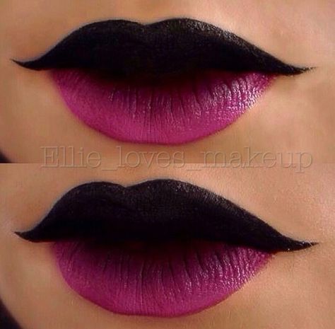 Black and pink ombre two tone lips #makeup Top Lip Black Lipstick, Dark Upper Lip Lipstick, Black Pink Lipstick, Pink And Black Make Up Looks, Top Black Lip Makeup, Top Lip Lipstick, Dark Top Lip Makeup, Two Toned Lipstick, Black And Pink Lipstick