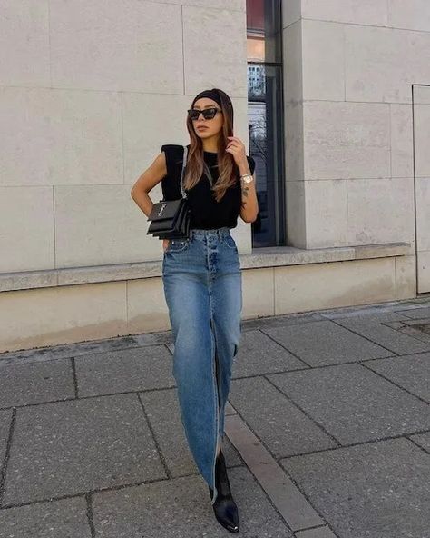 Long Jean Skirt Outfits Summer, Denim Skirt Outfit Fall, Long Jean Skirt Outfits, Denim Maxi Skirt Outfit, Denim Skirt Outfit Summer, Denim Midi Skirt Outfit, Long Denim Skirt Outfit, Primavera Outfit, Denim Long Skirt