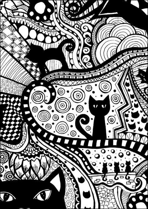 Zentangle Cat Art, Zentangle Animals Easy, Halloween Zentangle, Zentangle Coloring Pages, Black Cat Drawing, Printable Coloring Pages For Adults, Pop Art Tattoos, Zentangle Animals, Pop Art Cat