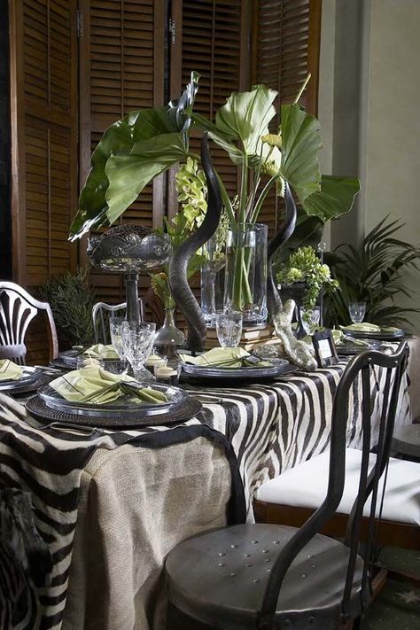 African-themed ... British Colonial Decor, Animal Print Decor, Tafel Decor, British Colonial Style, African Home Decor, Table Scapes, Colonial Decor, Beautiful Table Settings, African Decor