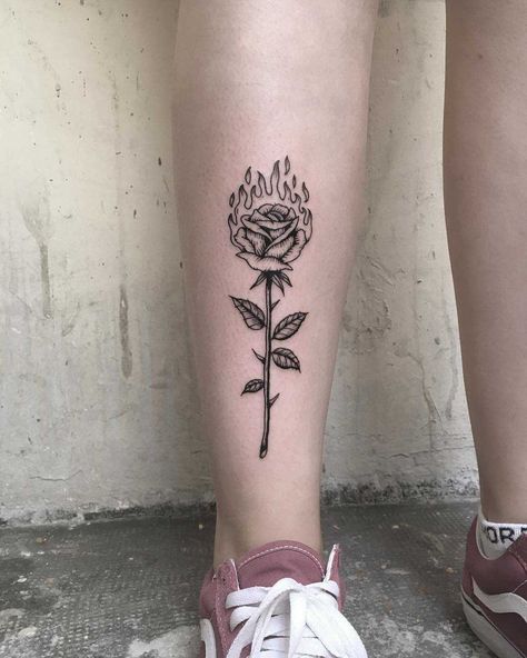 Fire Roses Tattoo, Burning Roses Tattoo, Rose Burning Tattoo, Rose In Flames Tattoo, Burning Rose Tattoo Men, Rose Shin Tattoo, Roses On Fire Tattoo, Burning Black Rose, Rose With Flames Tattoo