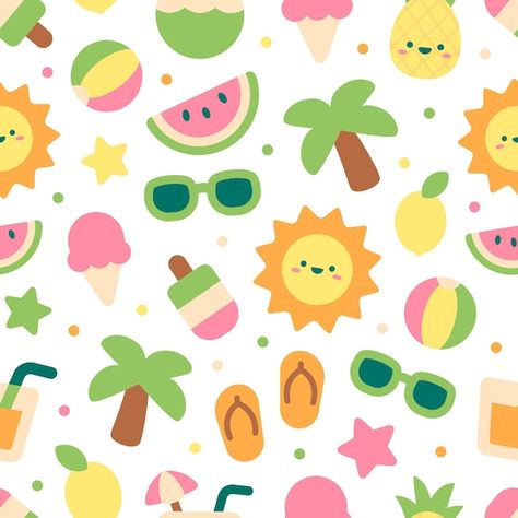 Summer Illustration Pattern, Beach Seamless Pattern, Beach Pattern Illustration, Summer Seamless Pattern, Summer Wallpaper Cute, Summer Fabric Prints, Summer Beach Illustration, Illustration Background Pattern, Summer Pattern Design