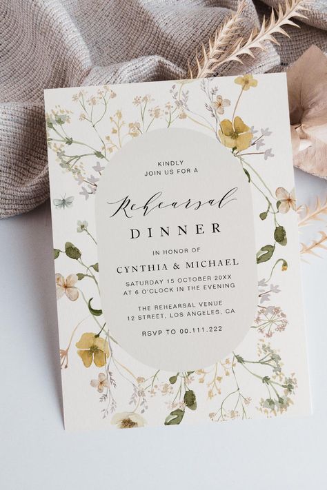 rustic wildflower floral frame rehearsal dinner invitation Rehearsal Dinner Invitations Rustic, Wedding Theme Design, Wildflower Wedding Theme, Wildflower Watercolor, Wedding Rehearsal Dinner Invitations, Spring Wildflowers, Rehearsal Dinner Invitation, Dark Wedding, Dinner Invitation