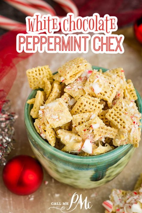 White Chocolate Peppermint Chex Mix recipe by Call Me PMc Irresistible, festive, crunchy, and sweet, White Chocolate Peppermint Chex Mix is a super easy addition to your holiday cookie and candy tray. #peppermint #chexmix #recipe #snack Mint Bark, Chex Mix Recipe, White Chocolate Peppermint, Candy Tray, White Chocolate Candy, Cereal Snacks, Chex Mix Recipes, Muddy Buddies, Holiday Favorite Recipes